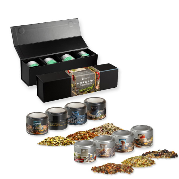 Verschiedene Weihnachts Gewürzmischungen, ca. 120-140g, Geschenk-Set Premium schwarz mit Magnetversc